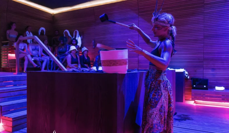 Aufguss experience inside a large sauna
